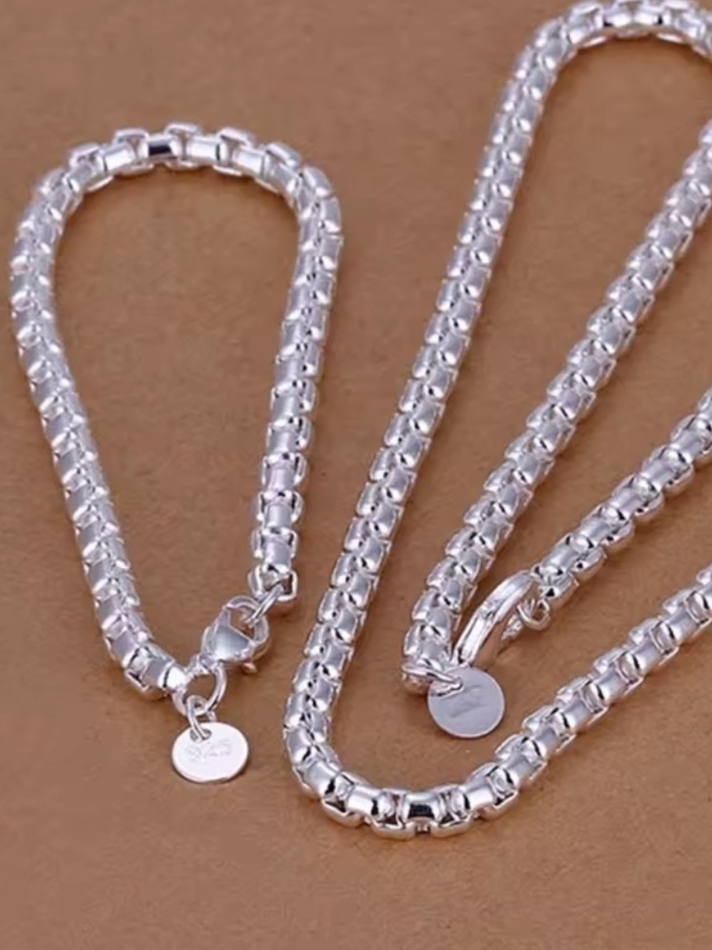 Silver Box Link Necklace and Bracelet Set - Women Jewelry